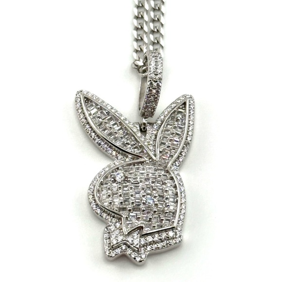 925 Sterling Silver Playboy Bunny Baguette Necklace - Picture 4 of 11